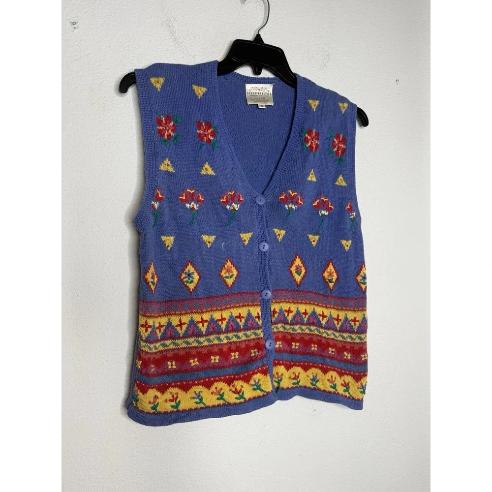 Vintage Susan Bristol Women's S Hand Embroidered Floral Rainbow Vest Teacher